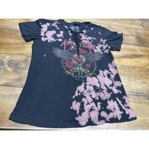 Affliction Womens Rose Rhinestone Bleached T-Shirt Top Large